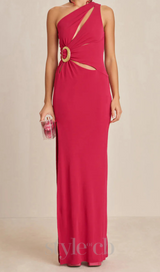 one-shoulder cutout side slit maxi dress in magenta