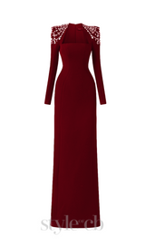 long sleeve trapezoid neckline bodycon maxi dress in red