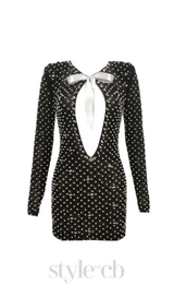 pearl embellished cut out bow mini dress in black