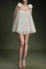 flower tulle strap mini dress in white