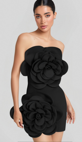 STRAPLESS FLOWER MINI DRESS IN BLACK