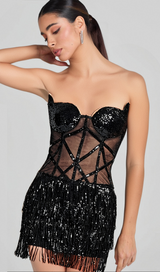 BLACK MESH SEQUINS BEADING CORSET MINI DRESS