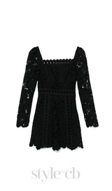 floral-motif hollow lace mini dress in black