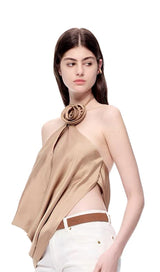 Satin Cowl Neck Halter Top in gold