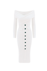 penny Off Shoulder Knit Midi Dress in Cream