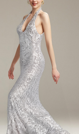 BARBARA HALTER SEQUIN MAXI DRESS IN SILVER