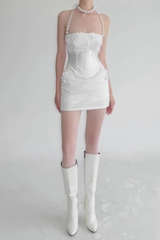 pearl fishbone wrap top skirt set in white