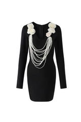 alisa pearl flower embellished bandage mini dress in black