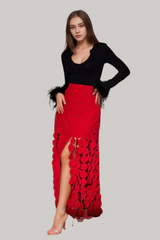 CIRCLE CUTOUT FRINGE SKIRT IN RED