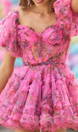 Tulle floral print balloon sleeve mini dress in pink