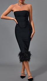BLACK STRAPLESS FEATHER CORSET DRESS