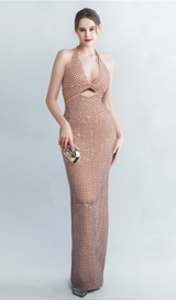 HALTERNECK HOLLOW RHINESTONE MIDI DRESS
