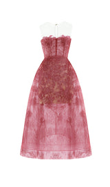 RED FLORAL LACE EMBROIDER MIDI DRESS