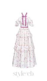 floral print bow collar ruffle flared maxi dress