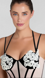 BEULAH BLACK SATIN CORSET SEQUIN WING CUP DRESS