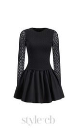 Lace Patchwork Puff Mini Dress in black