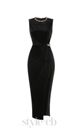 velvet crystal embellished maxi dress in black