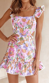 SQUARE NECK FLORAL RUFFLED MINI DRESS