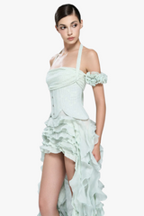 elva halter three-dimensional flower irregular tassel mini dress in mint