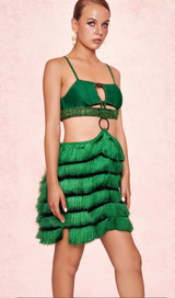 GREEN RHINESTONE CUTOUT FRINGE DRESS