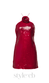 Cinwa Floral Appliqué Halter Sequin Mini Dress in Red