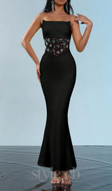 mesh splice rhinestone decor black maxi bandage dress