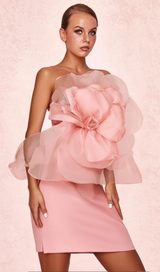 ANDREA MESH FLOWER ONE SHOULDER MIDI DRESS IN PINK