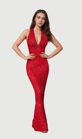 alisa Halter Sequin Embellished Gown in red