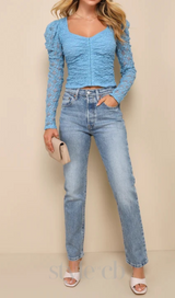 Light Blue Lace Long Sleeve Corset Crop Top