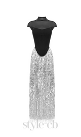 tassel sequin black corset maxi dress