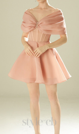 VENUS PINK OFF-SHOULDER MESH PANEL A-LINE MINI DRESS