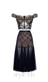 floral dentelle off-shoulder bustier corset net skirt set
