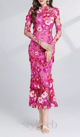 CAROL ROSE RED FLORAL EMBROIDERY MESH LONG SLEEVE MIDI DRESS