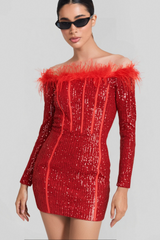 RED LONG SLEEVE FEATHERS SEQUIN DRESS