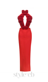 halter 3d flower hollow out backless maxi dress in red