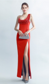 ELMA ONE-SHOULDER CRYSTAL DETAIL HIGH SLIT MAXI DRESS IN RED