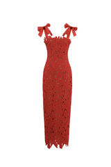 hermosa Bow Strap Embroidered Lace Maxi Dress in red