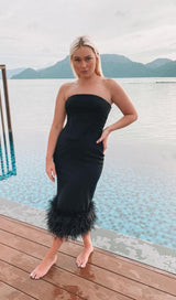 STRAPLESS FEATHER CORSET DRESS IN BLACK Dresses styleofcb