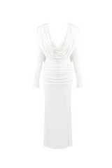 long sleeve draped cowl neck maxi dress in white