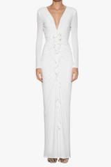 elsa V Neck Flower Ruched maxi Dress in white