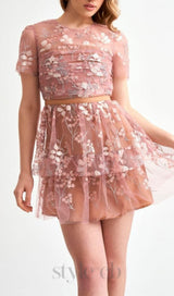 FLOWER MESH TIERED MINI DRESS