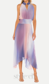 halter neck pleated midi dress in lavender tie dye
