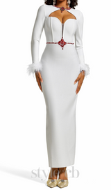 Rhinestone Cut-Out Feather Midi Dress in white