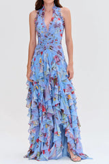 Floral Halter Ruffle Tulle Maxi Dress in Blue
