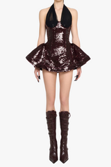 giselle sequin halter mini dress in merlot
