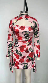 ROSE PRINT CUTOUT DRAPED MINI DRESS