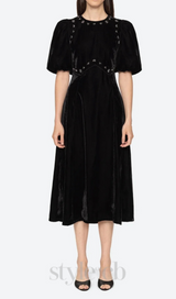 crystal embellished puff midi dress in black