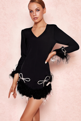 LONG SLEEVE BOW CRYSTAL FEATHER DRESS