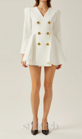 gold-button pleated peplum-hem white blazer dress