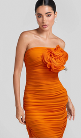ORANGE OPEN BACK RUCHED FLOWER BODYCON MAXI DRESS